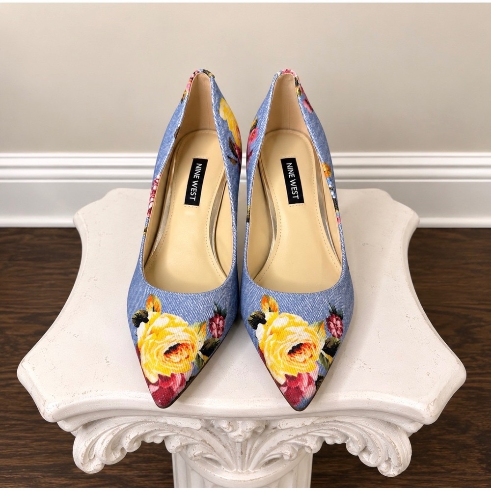 Nine West Floral Denim Pointed Toe Pumps Light Blue Yellow Stiletto Heels 6.5M